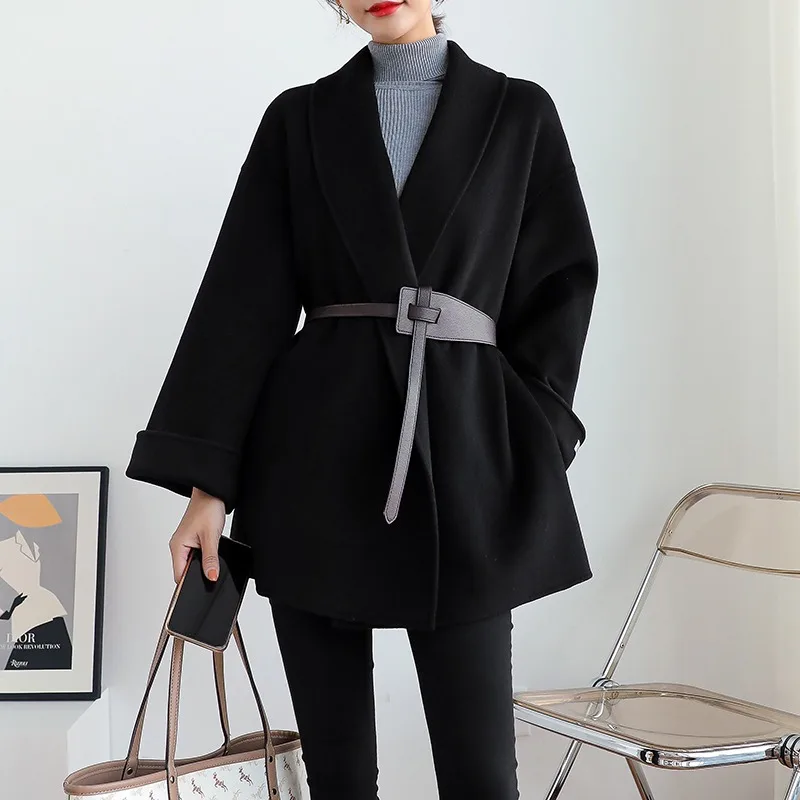 

SuperAen Woolen Coat Women's 2023 Autumn Winter New Cloak Black Woolen Jacket