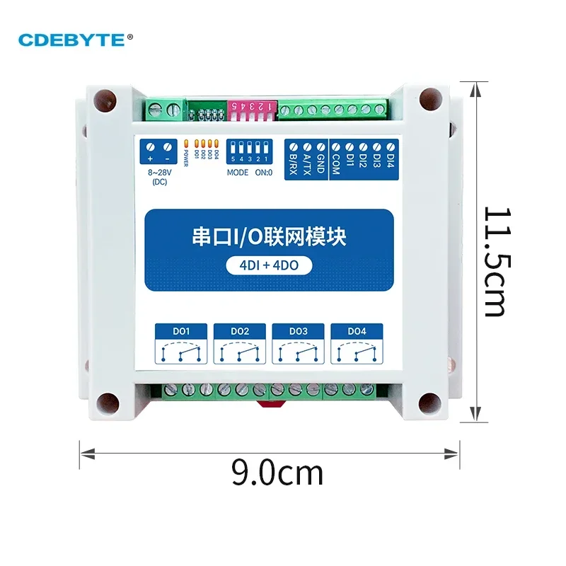 I/O Network Modules Modbus RTU Control I/O Network Modules Serial Port RS485 Interface 4DI + 4DO CDEBYTE MA01-AXCX4040 Rail Installation 8~28VDC IoT