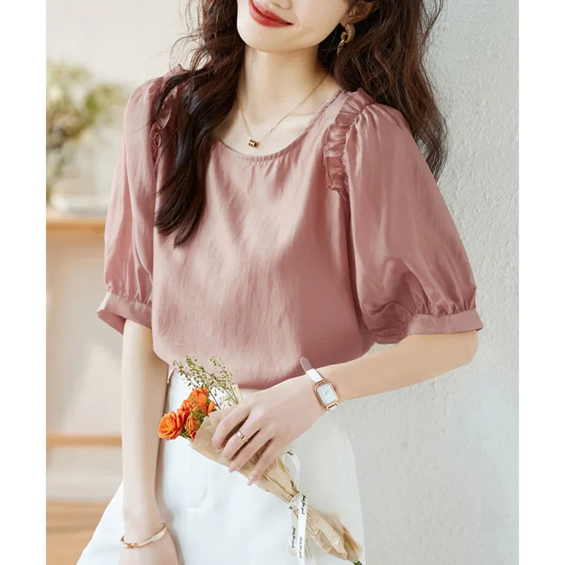 

2024 Women's New Summer Korean Version Crew Neck Spliced Shoulder Small Lotus Leaf Edge Fashion Loose Half Sleeve Chiffon Tops