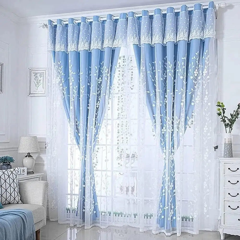

1 Panel 140cm width Double Layer Flower Curtain for Girls Room Living Room Pastoral Flowers and Leaf Embroidered Curtain