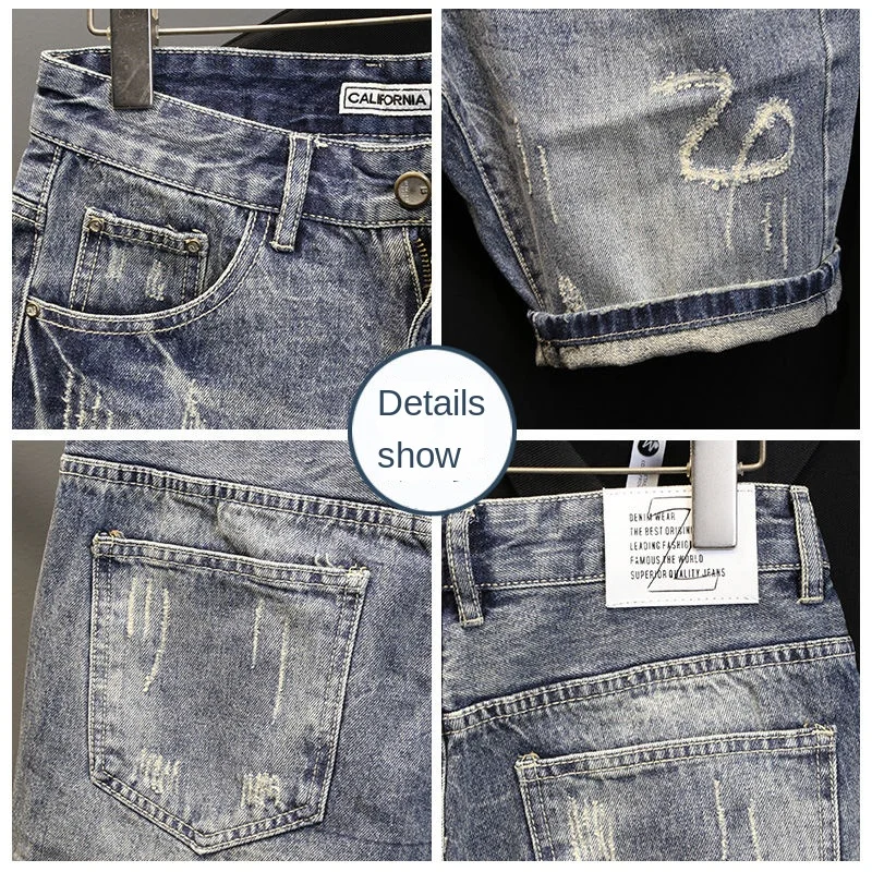 Men Jeans Korean Luxury Clothing Men's Summer Denim Knee Length Shorts Fashion Designer Ripped Hole Cowboy Korean Slim Short Pants