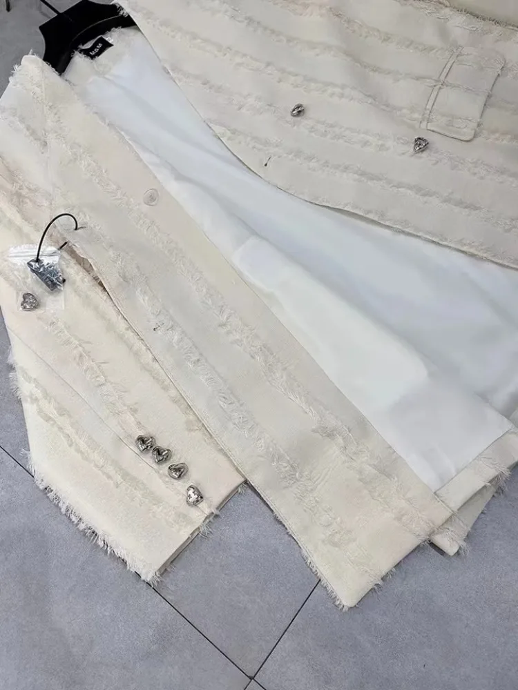 Women Autumn Winter Jacket V-neck Designer Tassel Suit Jacket Baggy Blazer Long Sleeve Oversized Double-breasted Coat New