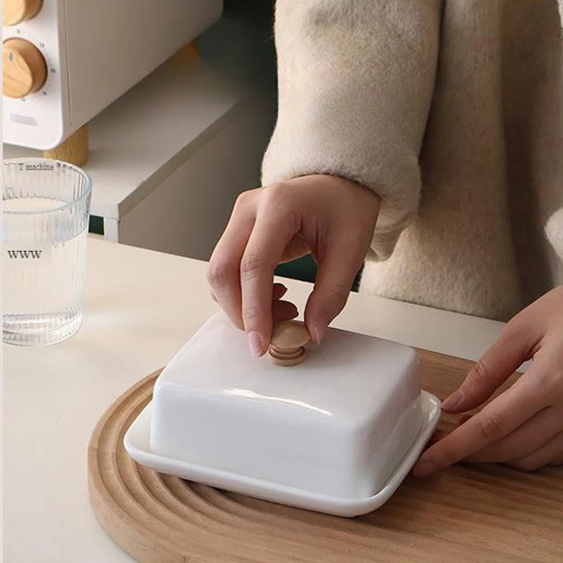Porcelain Butter Holder For Countertop With Lid Ceramic Mantequillero Fridge Use Wide Butter Making Supplieswhite / black