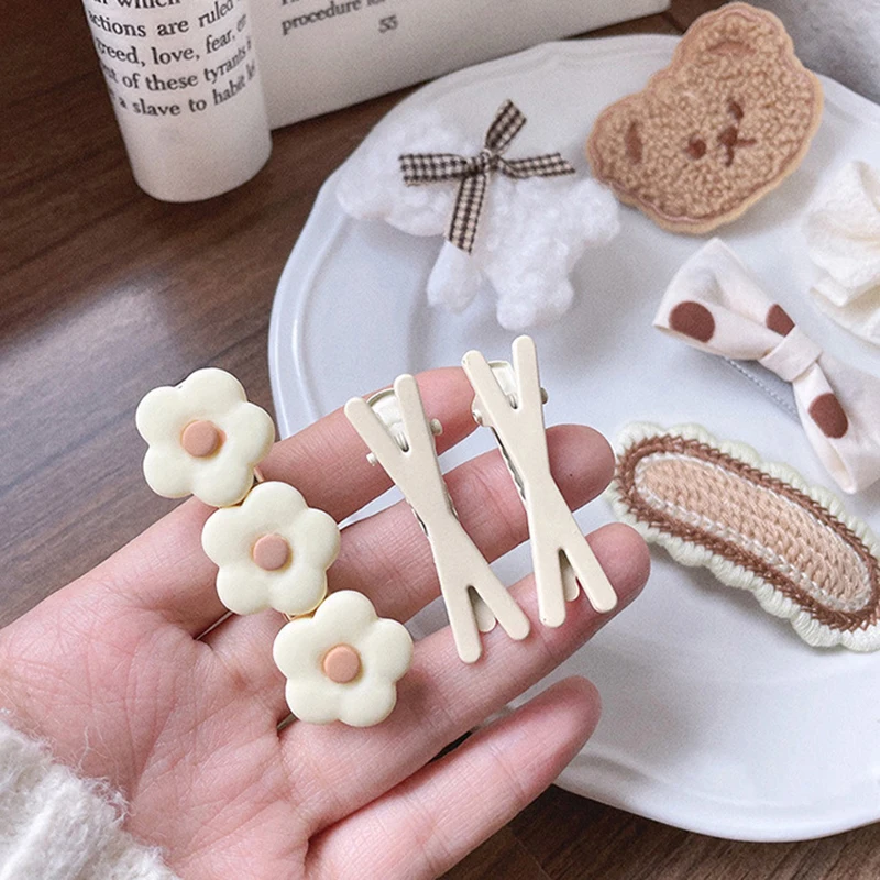 가을 겨울 귀여운 봉제 곰 나비 매듭 머리핀, 소녀 헤어 클립, 꽃 니트 바레트, 어린이 헤어 액세서리, 1 세트