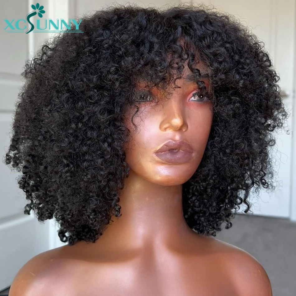 Kinky Curly Bang Wig Human Hair Short Curly Human Hair Wigs With Bangs Full Machine Made Wig Glueless Natural Hair Xcsunny 3