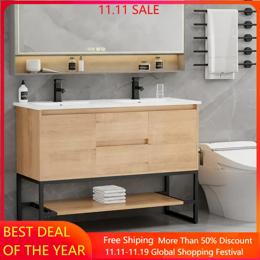 bathroom organizers, 48" Bathroom Vanity with Sink Combo, Built-in Power Socket Metal Frame Faucet and 2 Soft-Closing Door, Bath