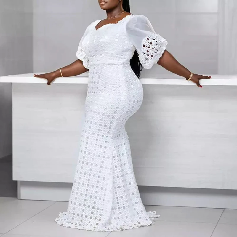

Women Fashion White Lace Dress Half Sleeve Hook flower Hollow Floor Length High Waist African Style Street Beat Female Dress