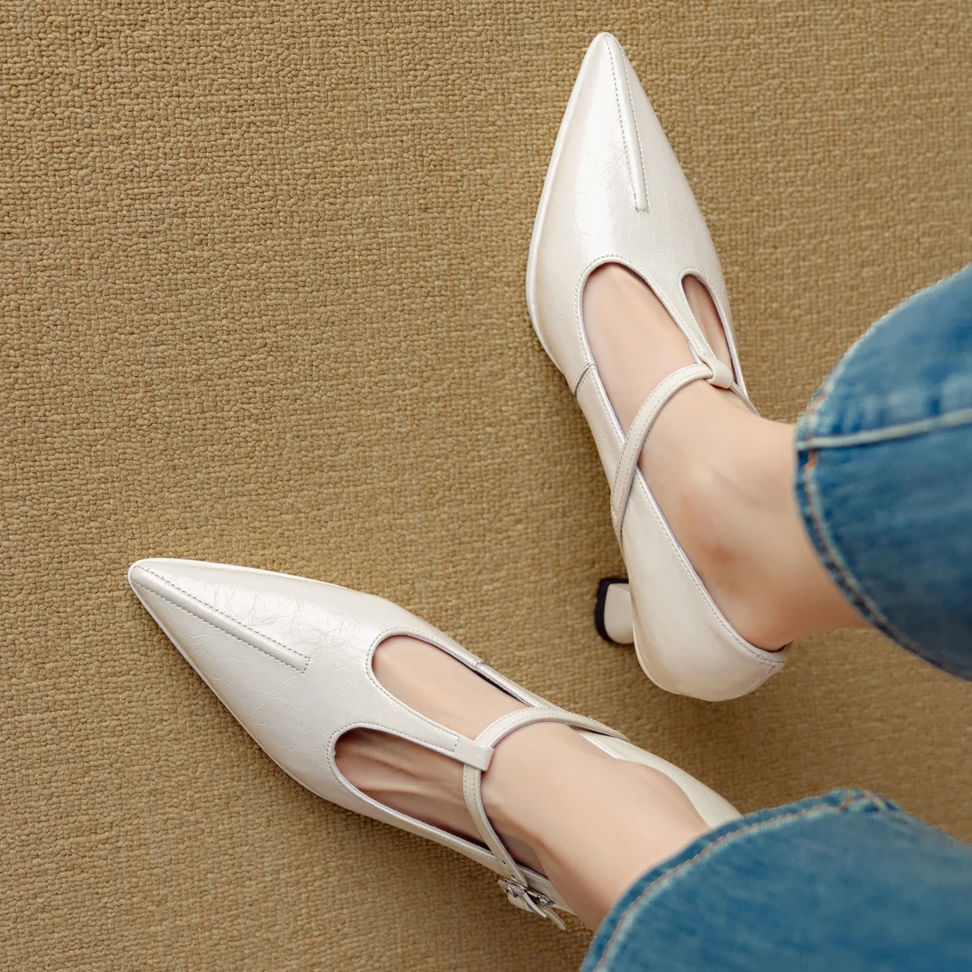 Women's genuine leather pointed toe metal buckle slip-on t-strap pumps elegant ladies 7.5cm thin high heeled daily dress shoes