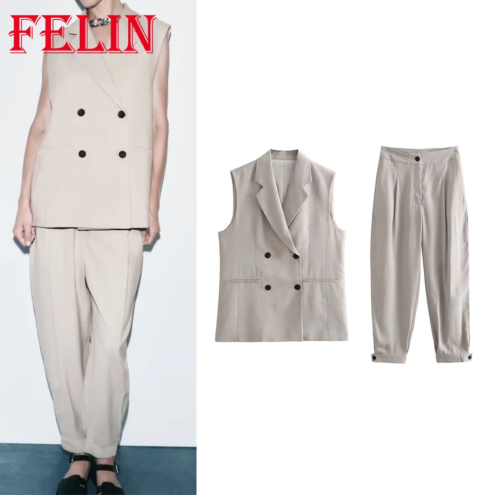 

TRAF 2023 Women Casual Solid Women Suit Double Btreasted Sleeveless Loose Vest+High Waist Long Pants Vintage Women Office Sets