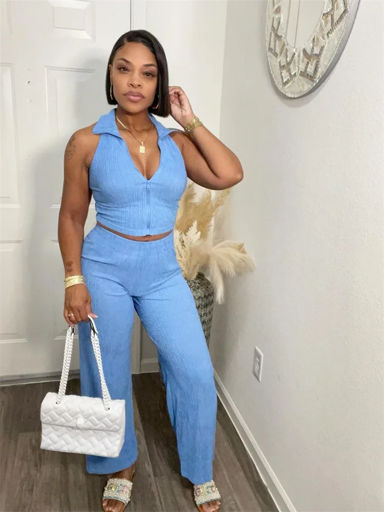 Wmstar Two Piece Set Wholesale Summer Sleeveless Solid Top Pleated Casual Pants Set for Women Elegant Matching Suit New Style