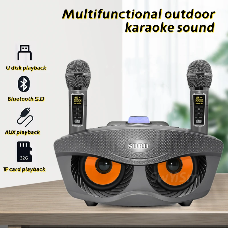 Фото Профессиональная караоке-машина SD306Plus, Беспроводная Bluetooth-колонка с двойным микрофоном, портативная наружная семейная система KTV мощностью 30 Вт №2