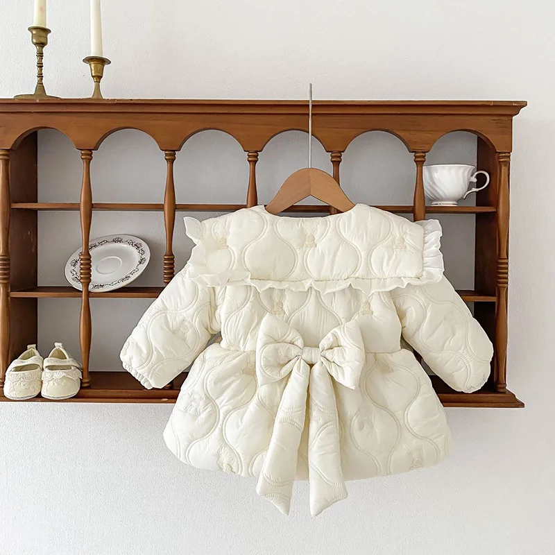 Autumn Winter Toddler Baby Girls Warm Parkas Turn Down Collar Big Bow Kids Girls Fleece Lining Jacket Coat