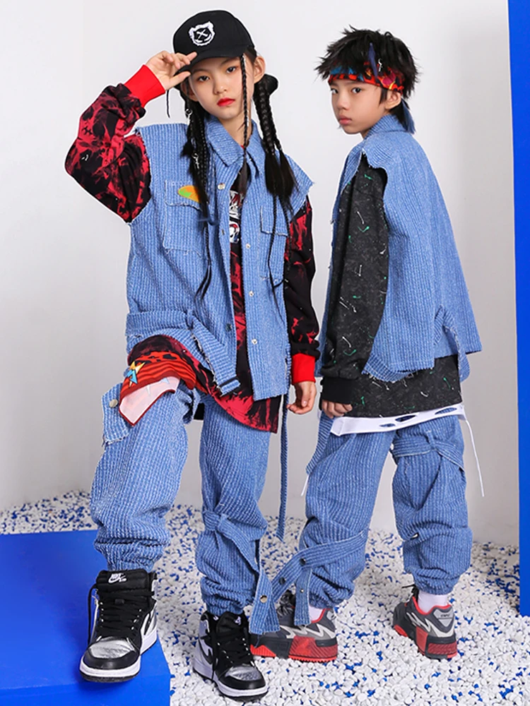 

Children Denim Vest Pants Hip Hop Suit For Girls Boys Kpop Outfit Jazz Performance Clothes Ballroom Hip Hop Dance Costume BL9475