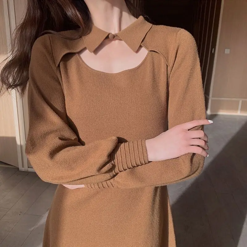 AEL Women Long Sleeve Sexy Knitted Dress Solid Color Dress Cutout Smock