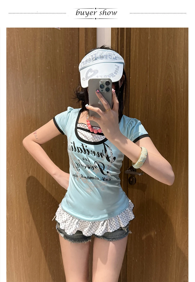 Karrram Japanisches Y2k-T-Shirt mit Buchstaben-Print, 2000er-Jahre-Stil, gefälschte zweiteilige Oberteile, Vintage-Harajuku-Cutecore-T-Shirt, Lolita, amerikanisches Retro – Detail 2