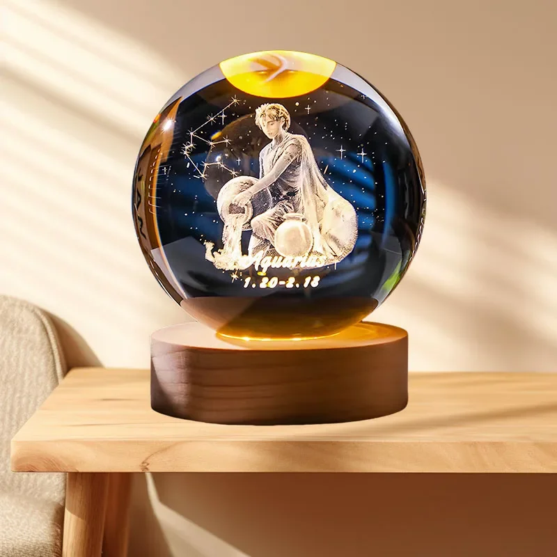 ZVO Sfera di cristallo 3D, luce notturna LED, lampada per pianeti 3D, scena notturna, astronomia, base in legno, sfera USB, decorazione Natale