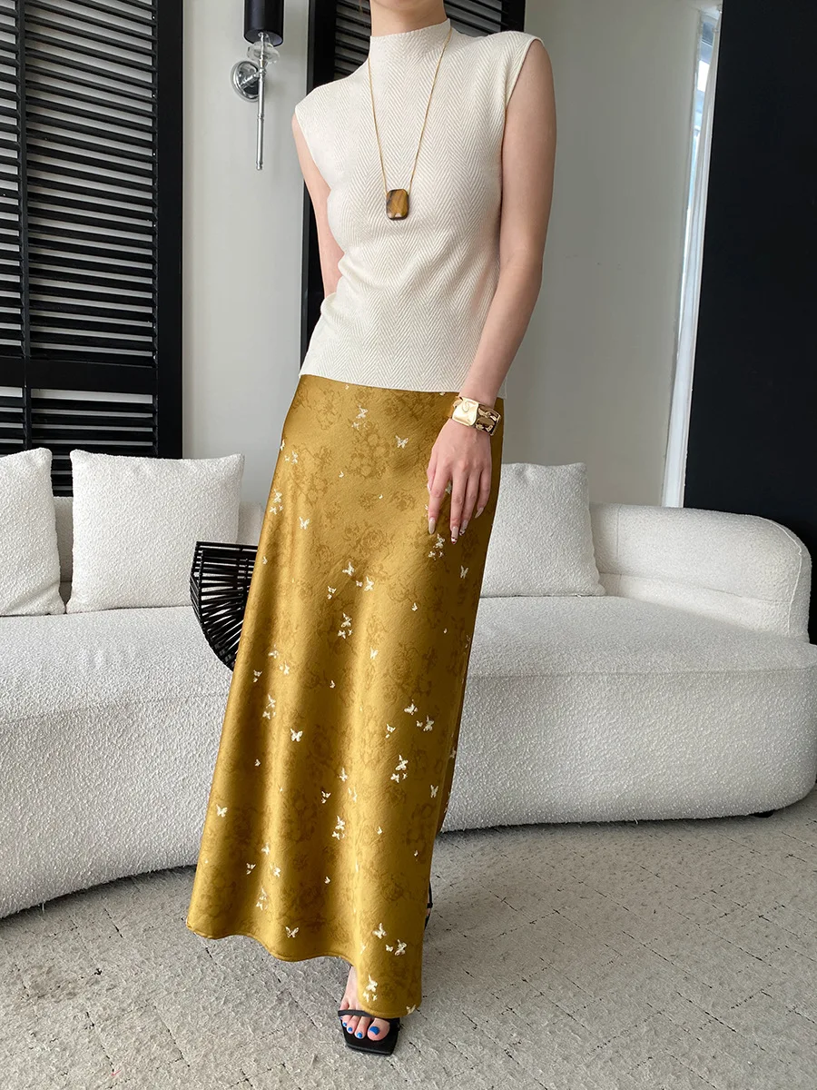 Frühlings- und Sommerrock für Damen im chinesischen Stil mit Schmetterlings-Jacquardmuster, elastischer hoher Taille und drapiertem Satin. – Detail 29