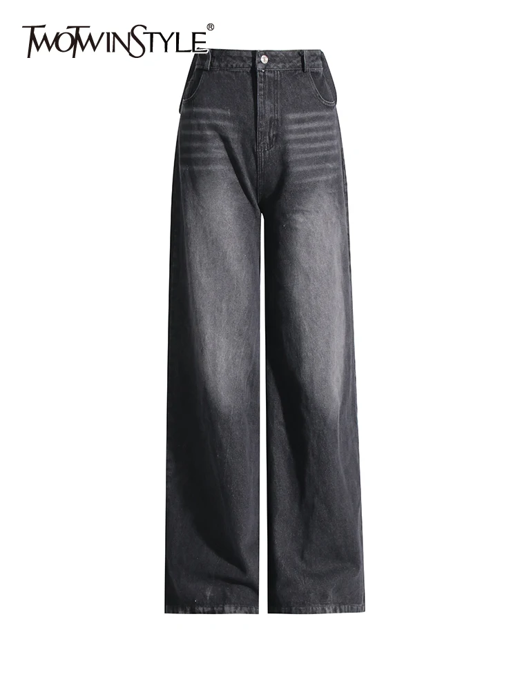 

TWOTWINSTYLE Solid Patchwork Ruffles Casual Denim Pants For Women High Waist Loose Wide Leg Jeans Female Fashion Clothing New