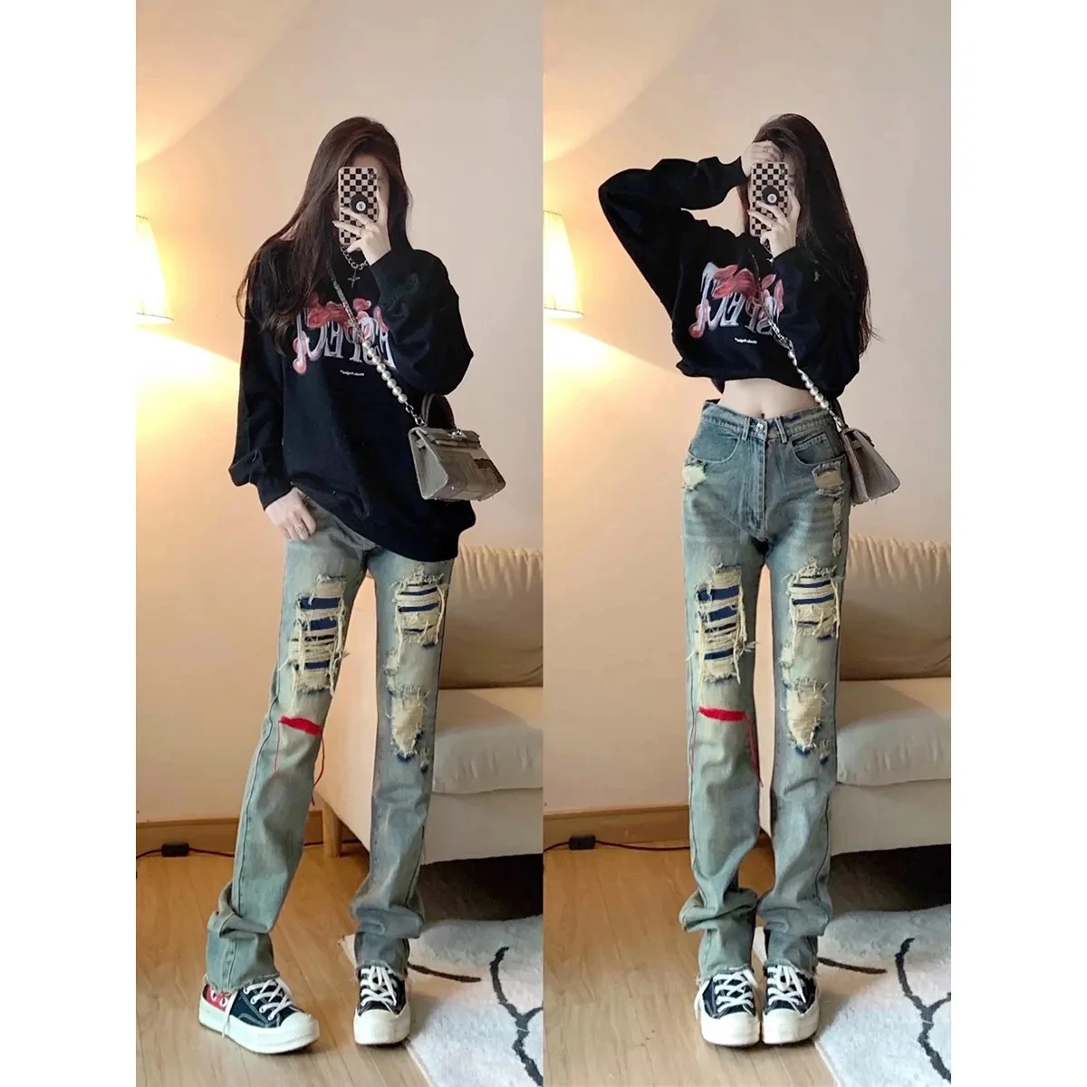 

Fashion Ripped Jeans Beggar Women Big Holes Destroyed Broken Torn Pants Vintage Female Denim Trousers Distressed For GIrls