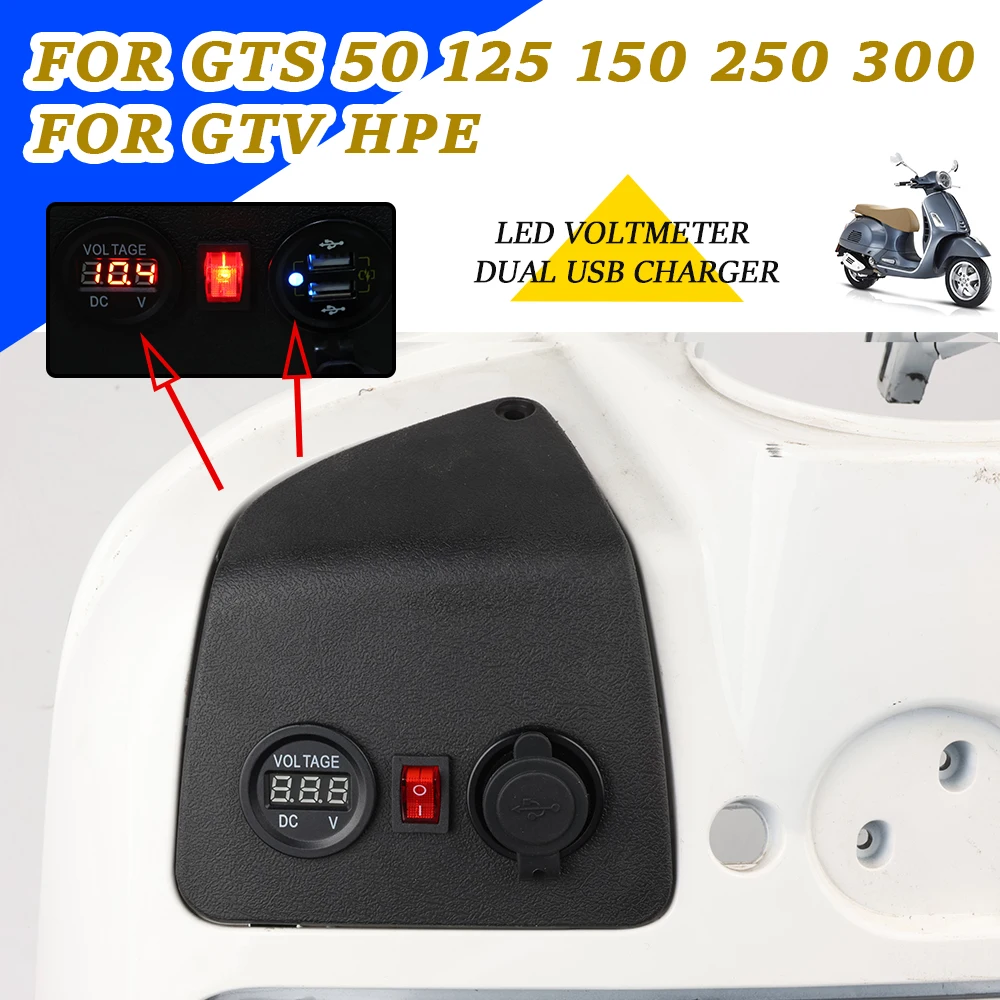 

For VESPA GTS300 GTS 300 50 125 150 250 GTV HPE Motorcycle Glove Box Cover Cap LED Dual USB Cigarette Lighter Charger Voltmeter