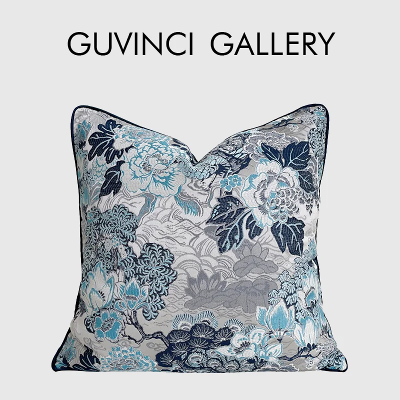 

GUVINCI Chinoiserie Chinese Feature Blue Peony Floral Jacquard Cushion Cover Oriental Art Decorative Pillow Case For Sofa Couch