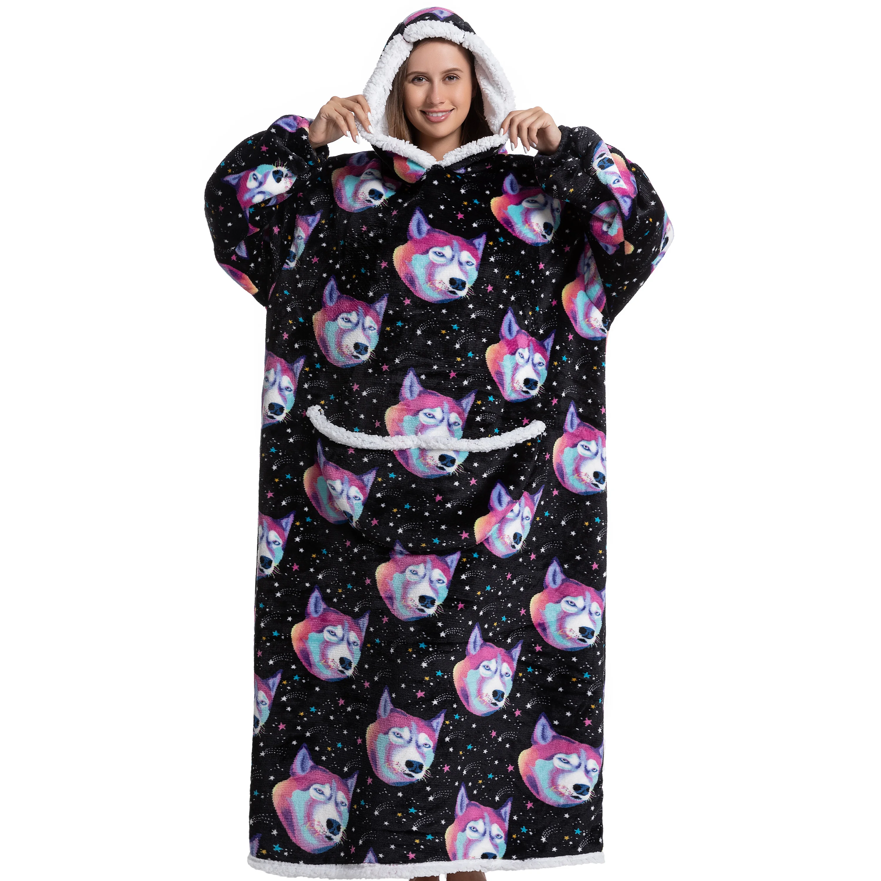 RONGTAI Coperta Indossabile Con Cappuccio, Felpa Coperta Sherpa In Flanella, Tasche Anteriori, Taglia Unica, Morbida E Calda Per Divano E Letto