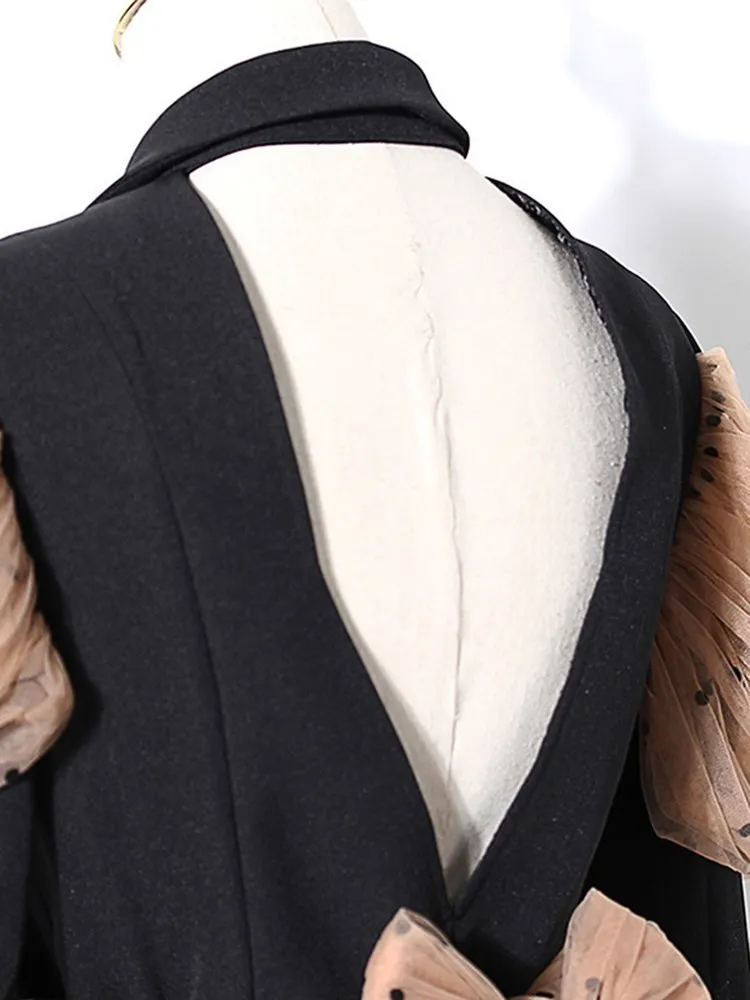 KBQ-Spliced Mesh Blazer for Women, Notched Collar,Long Sleeve,Backless,Crisscross Colorblock Blazers,Female Fashion Clothing,New