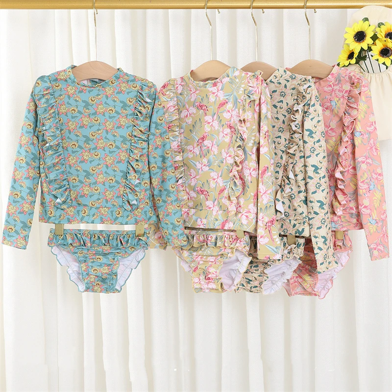 Baby Girl Split Swimsuit Set Floral Print Ruffled Long Sleeve Top Shorts 2Pcs Spring Summer