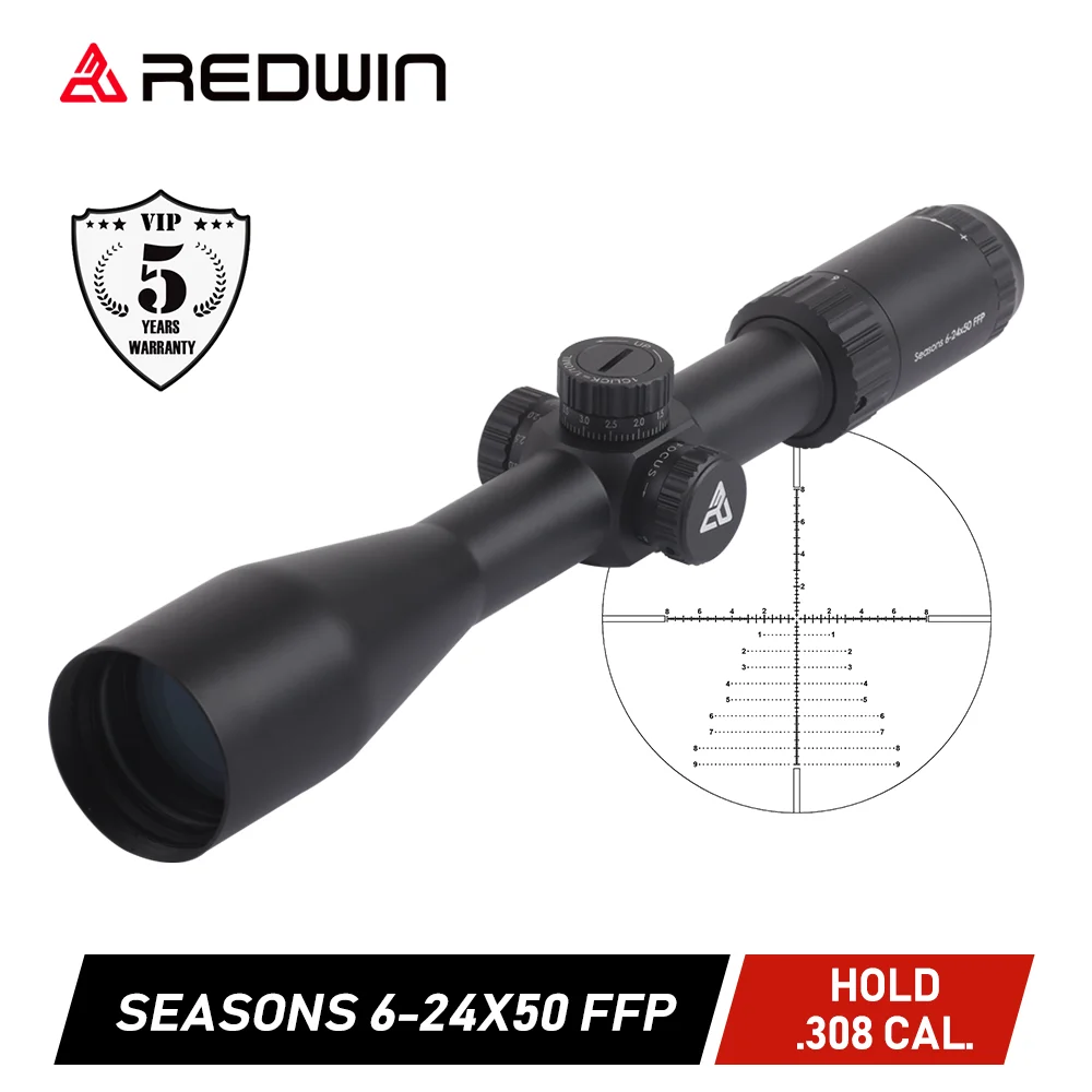 Rifle Scopes 6-24x50-FFP 8 yds Focus 30mm Tube 1/10Mil Adjust Zero Lock Glass Etched Reticle Hold .338 Red Win Seasons rifle scope