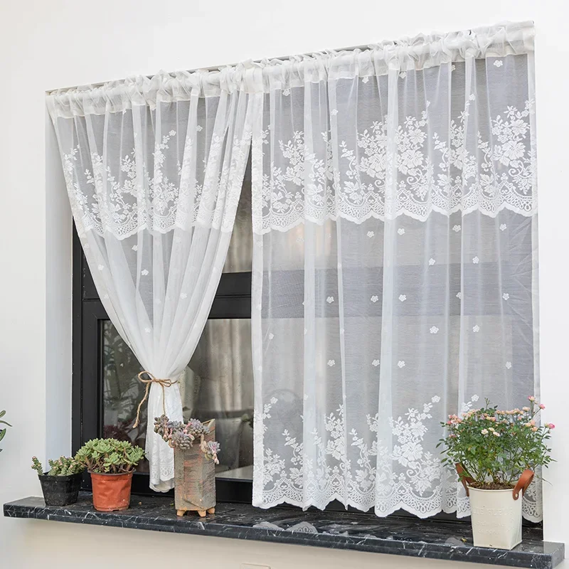 Floral White Sheer Lace Curtains for Living Room Shabby Chic Lace Panel  Curtains Rod Pocket Short Sheer Curtains 