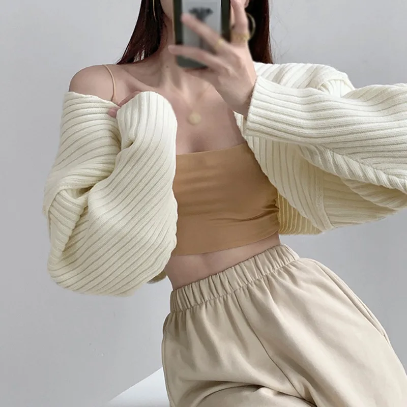 Women Short Cardigans Autumn Ultra-short Sweater Coat Long Sleeve Loose Knitted Crop Top Solid Color Sexy Cardigan Sweaters Top 3