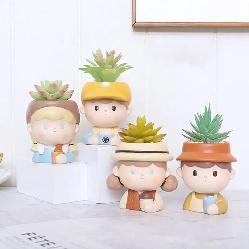 귀여운 소녀 다육 화분 만화 모양 송진 화분, 창의적인 식물 화분, 사랑스러운 데스크탑 펜 보관함, 집 거실 