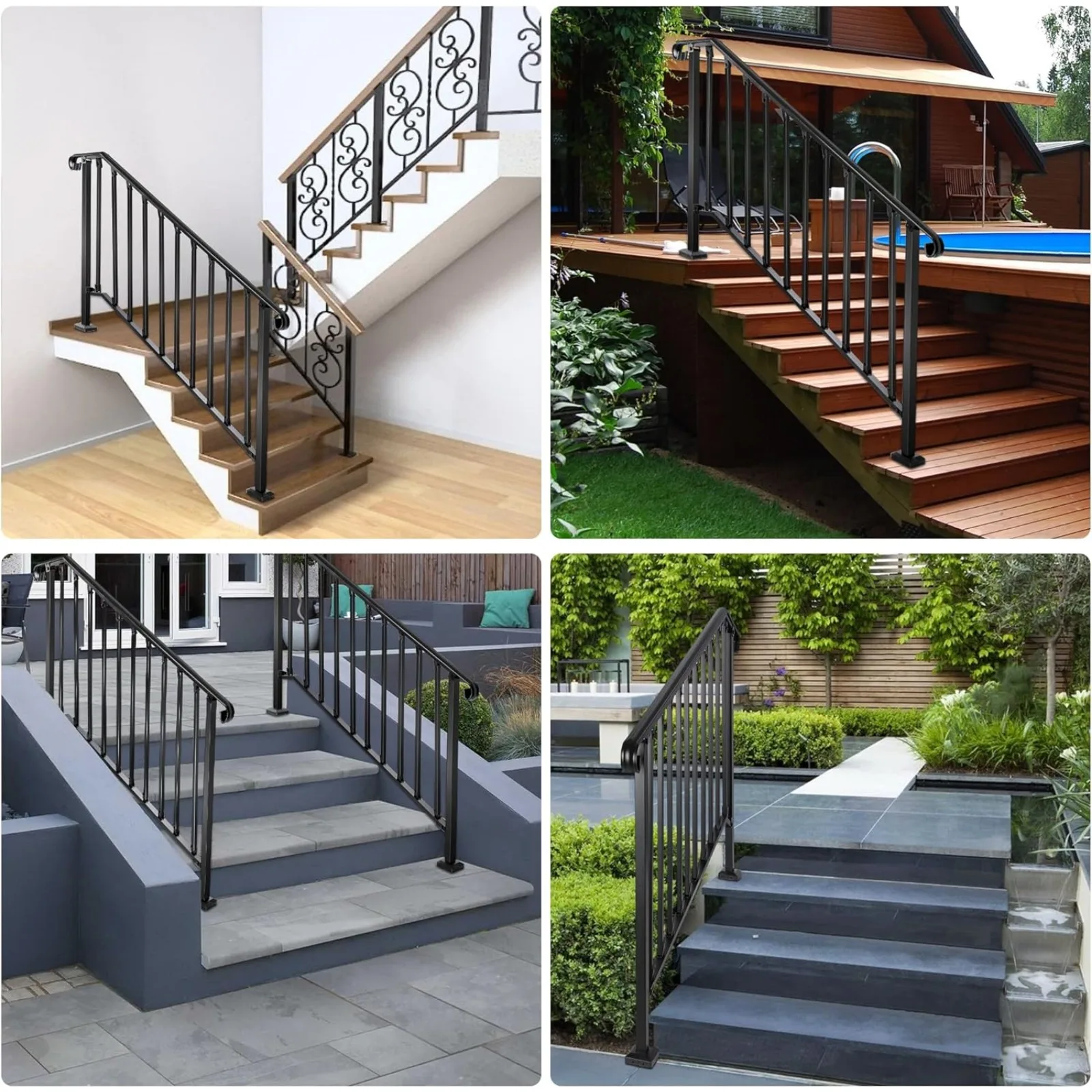 US Handrails for Outdoor Steps, Fit 4 or 5 Steps Outdoor Stair Railing Exterior Steps Wrought Iron Handrail for Concrete