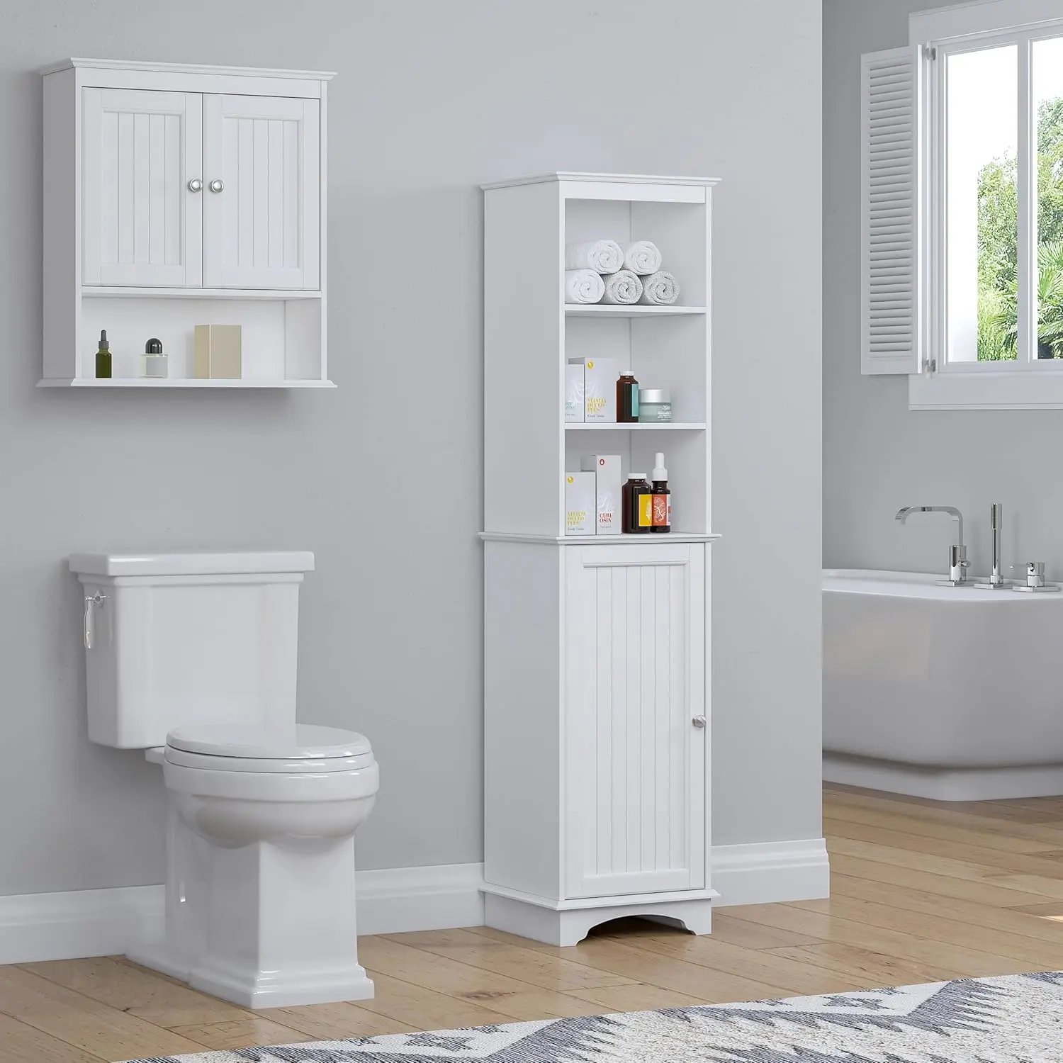 Home Freestanding Storage Cabinet with Three Tier Shelves, Tall Slim Cabinet, Free Standing Linen Tower, White