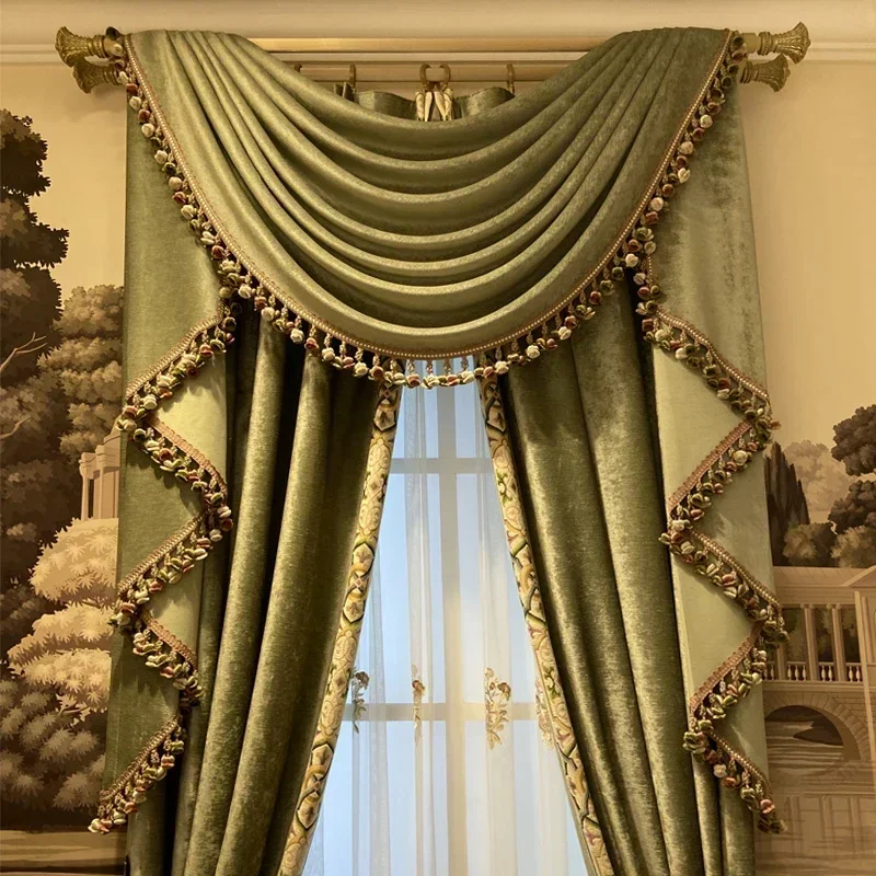 French Light Luxury Fresh Green Velvet Embroidered Lace Stitching High-end Curtains for Living Room Bedroom Villa Custom