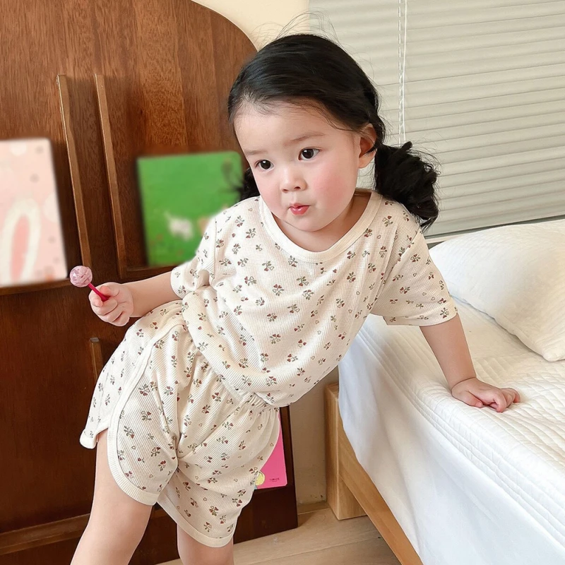 Summer Boys Girls Pajamas New Ice Silk Thin Section Printing Home Wear Baby Split Short-sleeved Pants Air Conditioning Clothing