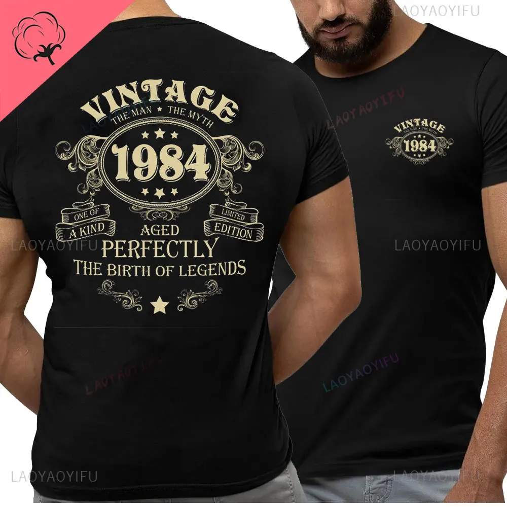 thumbnail image 1 of Camisa de algodón de 40 cumpleaños para hombres, camisetas con estampado de leyendas nacidas en 1984, Vintage de 40 años, pecho izquierdo, espalda completa, 1 of 5
