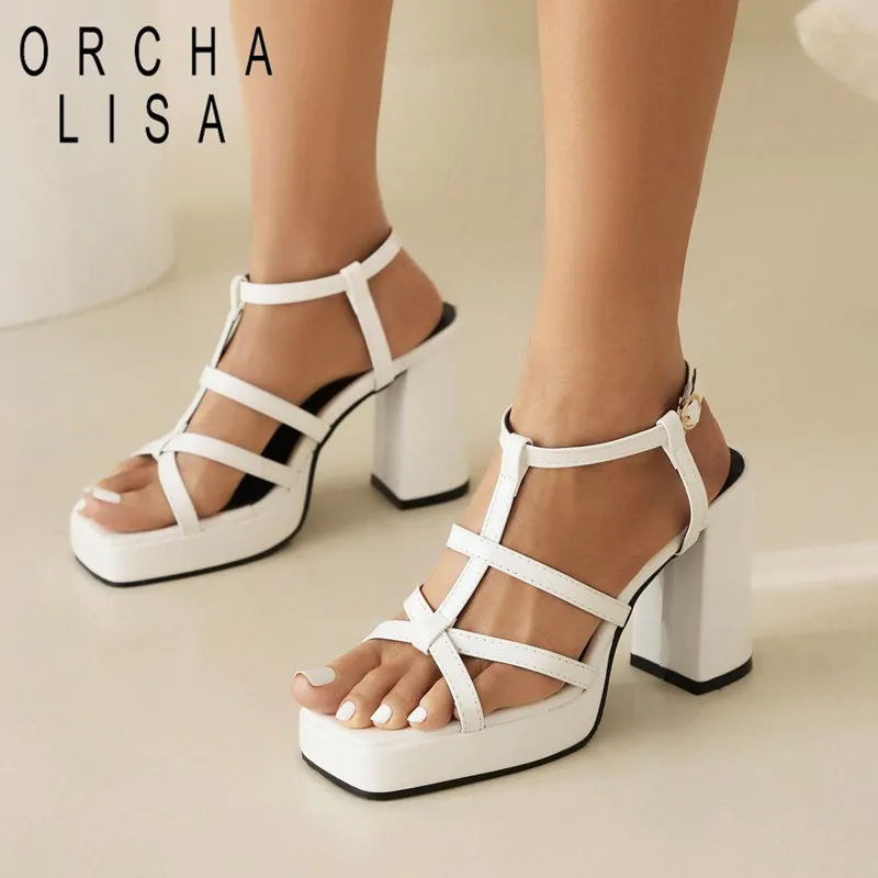 

ORCHA LISA Women Sandals Square Toe Chunky High Heels 10cm Platform Buckle Strap Concise Daily Female Shoes Plus Size 41 42 43