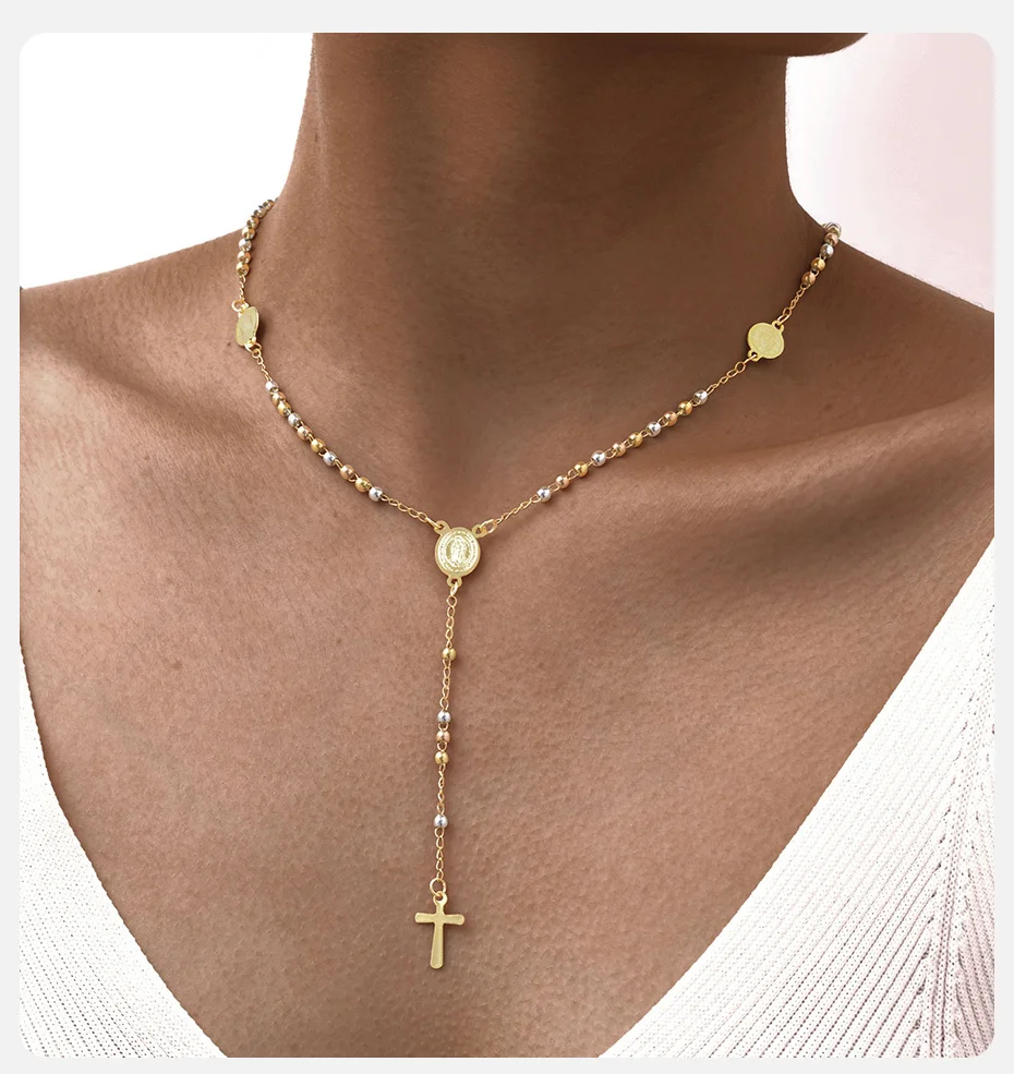 Vnox Edelstahl-Halskette in Y-Form mit dreifarbigen Perlen für Frauen, Jungfrau Maria-Accessoires, Kreuzanhänger, religiöser Schmuck, Geschenke – Detail 3