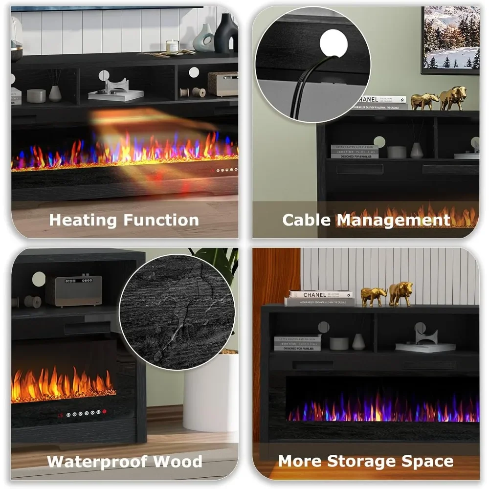 Fireplace TV Stand for TVs Up to 75" TV with 60" Electric Fireplace, with Open Shelve Storage,65 inch TV Stand 2