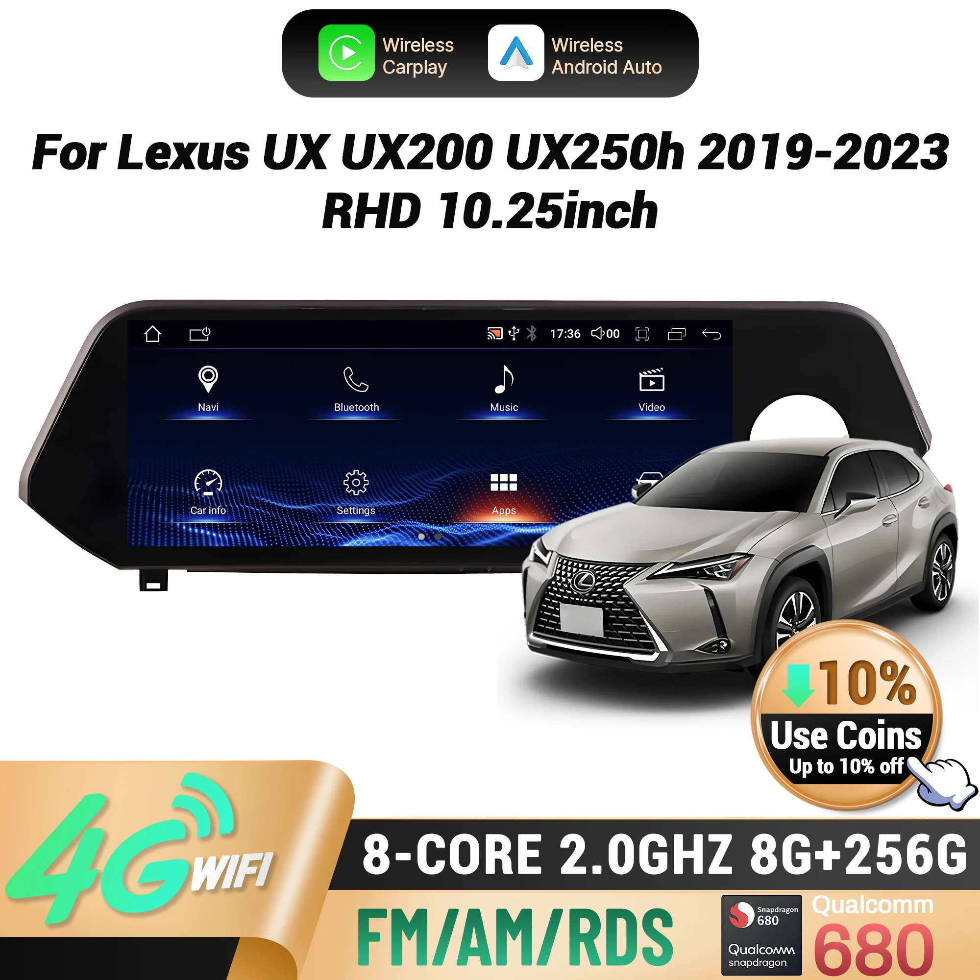 10,25 "con volante a la derecha para Lexus UX UX200 UX250h 2019-2023 Radio de coche inalámbrico CarPlay Multimedia pantalla Snapdragon 680 1