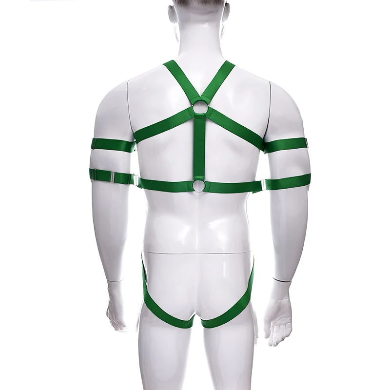 Men Sexy Bondage Lingerie Halter Neck Elastic Body Chest Harness with Armband One Piece Shoulder Straps Clubwear Stage Costume