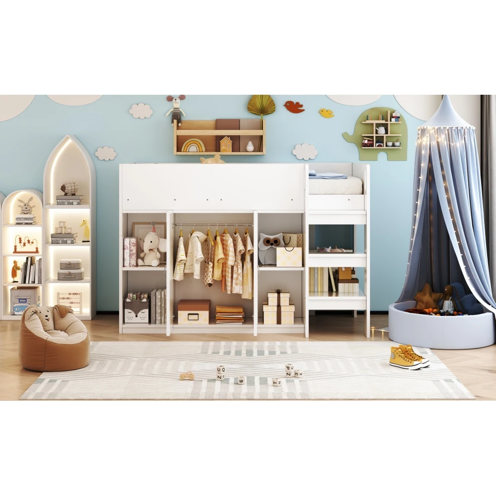 90*200cm Multifunktionales Hochbett mit Stauraum, Kleiderschrank und Regalen, Kinderbett mit Leiter und stabiler Konstruktion – Detail 21