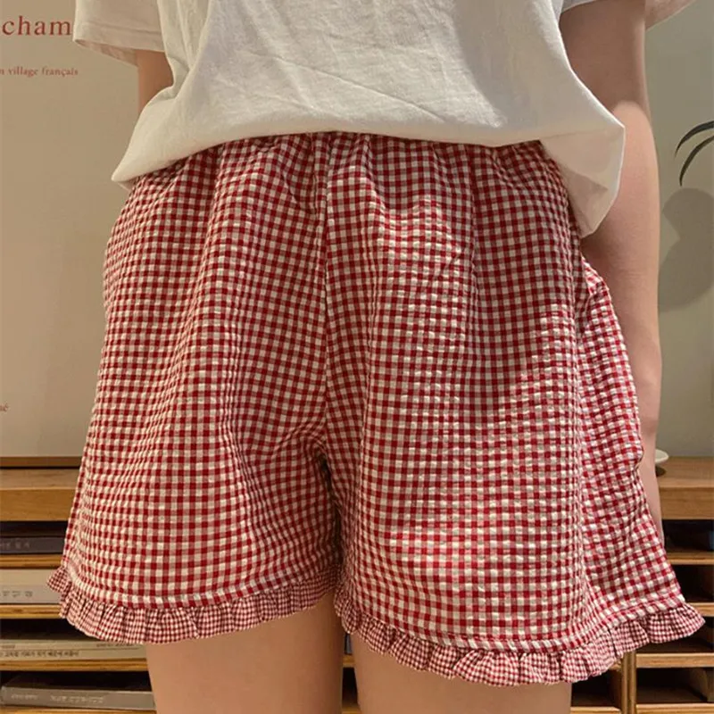 

Gaono Y2k Womens Ruffle Boxer Shorts Plaid Gingham Print Lounge Pajama Shorts Cute Striped Checkered Sleep Pj Bottoms