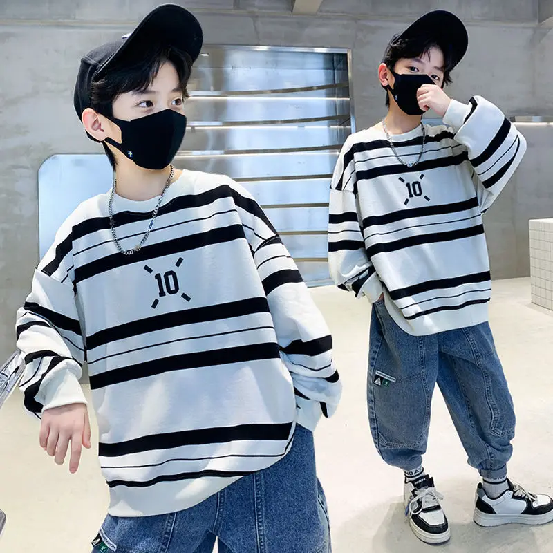 Kids Sweater Hoodie Sweatshirts Spring Autumn Boys Cotton Loose Contrast Striped School Track Pullover Tops 5-16 Years