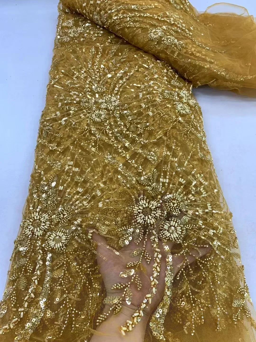 High-Quality African Sequined Beaded Lace Fabric Nigerian Embroidered Cotton Handmade 5Yards for Women's Party Dresses