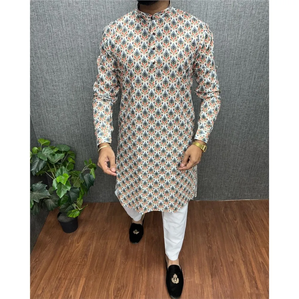 2026 Men Digital Printed Kurta Vardha Regular Fit Mandarin Collar Long Suitable All Occasions Such Wedding Hari Raya Aidilfitri