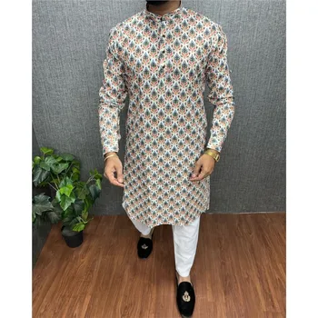 2026 Men Digital Printed Kurta Vardha Regular Fit Mandarin Collar Long Suitable All Occasions Such Wedding Hari Raya Aidilfitri