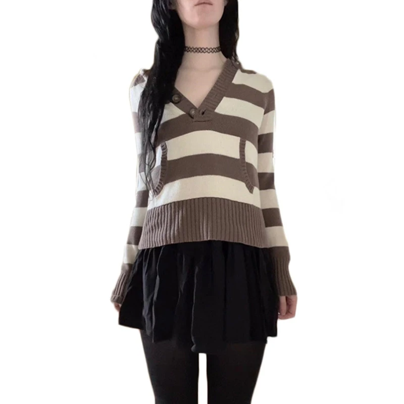 

Grunge y2k Sweater Women Mall Goth Clothes Striped Buttons Long Sleeve Hooded Tops with Pocket Vintage Pullover Knitted Clothing