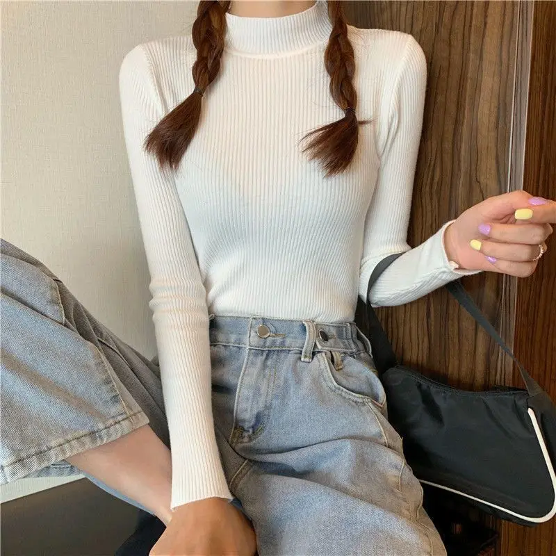 Autumn Mock Collar Long Sleeve Skinny Elastic Casual Tops Bottoming Sweater Women Basics Knitted Shirts Warm Knitwear Pullovers